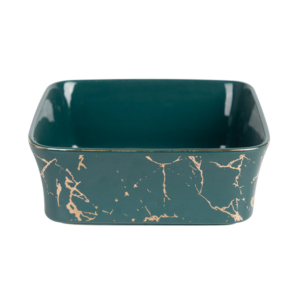 Green enamel bowl with wooden frame