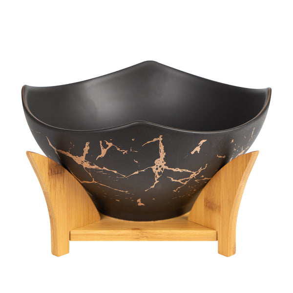 Black Porcelain Bowl With Wooden Bowl Holder