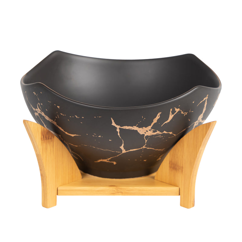 Black Porcelain Bowl With Wooden Bowl Holder