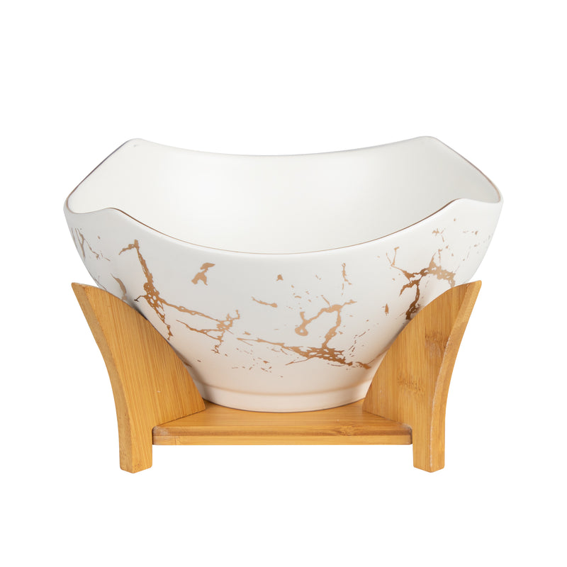 White Porcelain Bowl With Wooden Bowl Holder