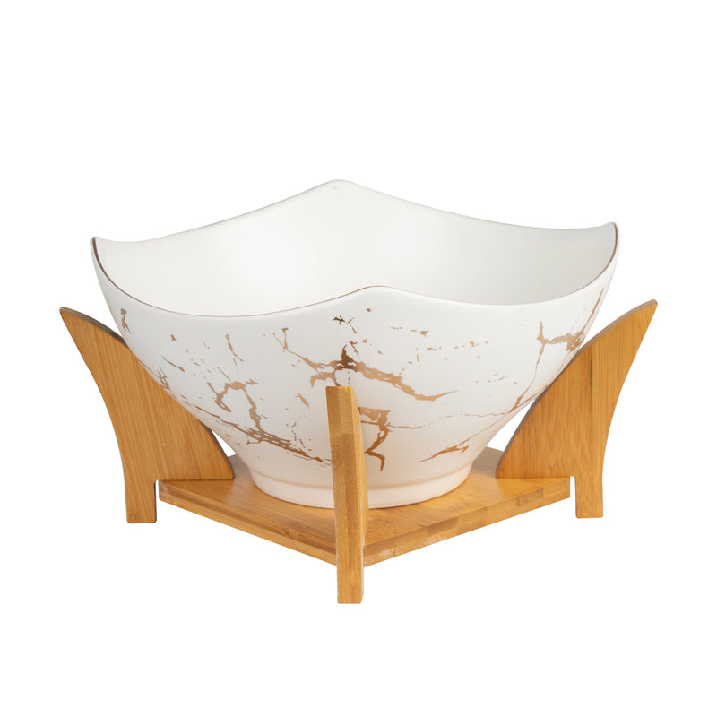 White Porcelain Bowl With Wooden Bowl Holder