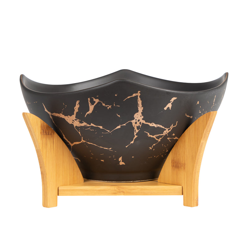 Black Porcelain Bowl With Wooden Bowl Holder