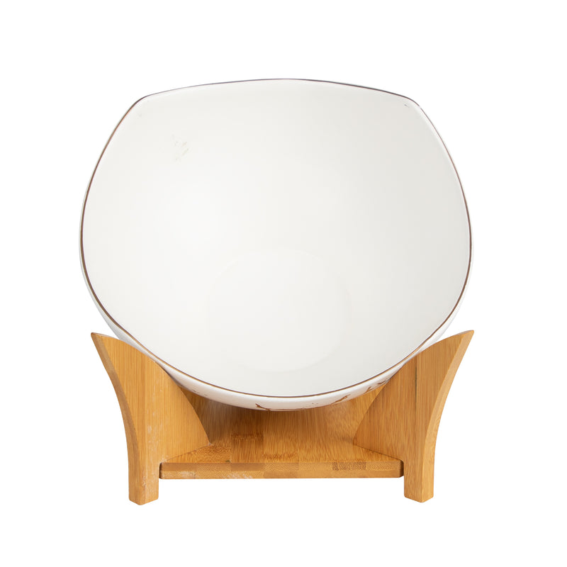 White Porcelain Bowl With Wooden Bowl Holder