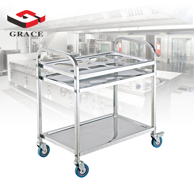 Hotel Stainless Steel Wheelbarrow Custom Wholesale Restaurant Stainless Steel Double Three Floors Hand Push Dining Car